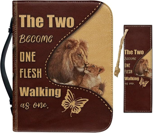 Religious Style Cross and Lion Bible Case with Bookmark Waterproof Bible Cover Case for Women Lightweight Bible Bag with Handle Pockets Church Book Bag Brown