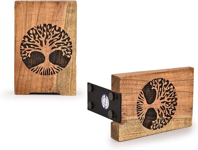 NIRMAN Office Bookends Iron & Acacia Wood Tree of Life Office Bookends for Shelves or Bookcase Heavy Bookends, Home Décor Gift (4"" X 4"" X 6""), (Set of 2), Brown