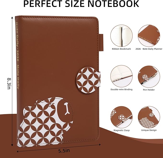 2026 Year Planner with Magnetic Buckle Hardcover Weekly and Monthly Calendar Planner 5.5" x 8.3" Soft Leather Bound Cute Planner Goal Habit Tracker Organizer Planning Book with Tabs ,Daily Schedule School Office Schedule for Women Men（Brown)