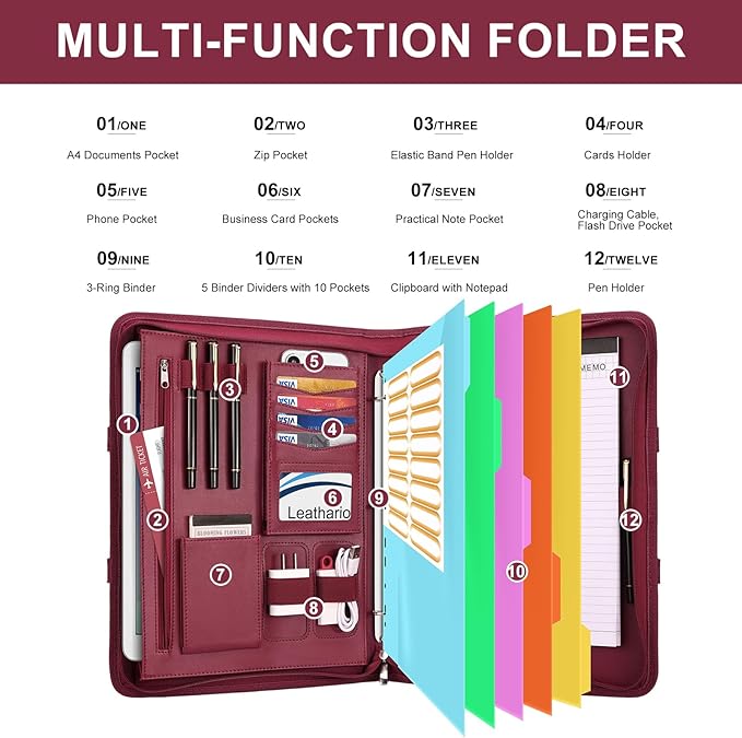 Leathario Portfolio Binder, Includes 5 Folder Index Dividers, 13 Inch Tablets Organizer with Handle, Vegan Leather A4 Padfolio, Multi-Pocket Notepad Business Planner Professional Document