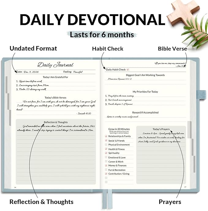 SUNEE Christian Bible Study & Prayer Journal – Undated 6-Month Scripture Notebook for Daily Devotional & Faith Growth, Meaningful Religious Gift for Women, Men, Pastor or Graduation (Grey Blue)