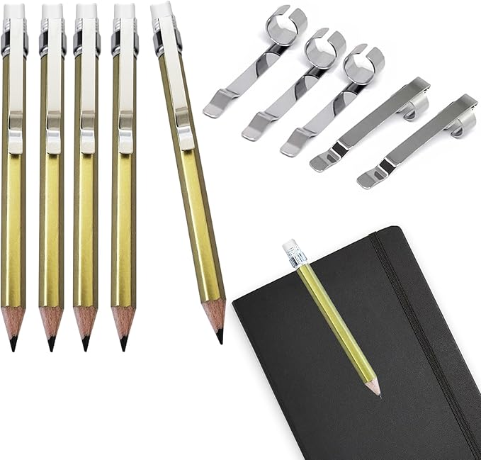 Adhere 12pcs Golf Pencils with eraser Hexagon gold with clips Graphite 2B for Golf Event Scoring,Wedding,Company Meetings,Pew, Pocket(z-Gold pencil+ pencil clip)