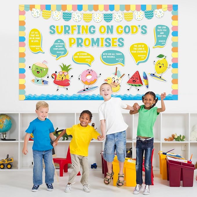 Christian Church Summer Bulletin Board Set Religious Sunday School Bulletin Board Decorations Motivational Tropical Fruit Paper Cutouts for Vacation Bible School Office Chalkboard Wall Door Decor