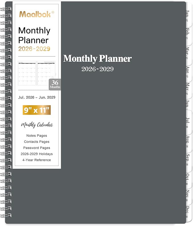 2026-2029 Monthly Planner/Calendar - July 2026 - June 2029, 3 Year Months Planner 2026-2029, 9'' x 11'', 36 Monthly Tabs, 2-Side Pocket, Gray