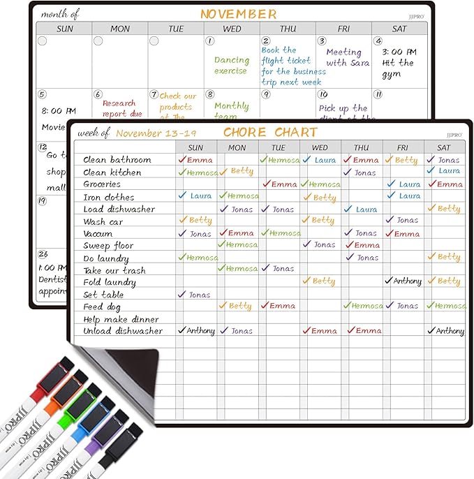 JJPRO Magnetic Dry Erase Chore Chart and Monthly Planner Whiteboard Bundle for Fridge - Chore Chart for Multiple Kids, Monthly Calendar, Behavior Chart, Reward Chart, 6 Markers