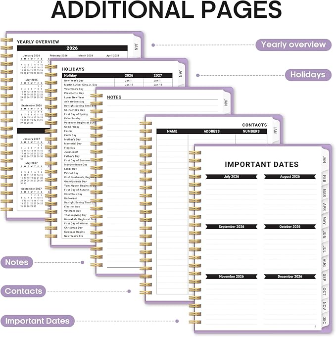 2026 Planner, Weekly and Monthly Calender Planner, Jan 2026 to Dec 2026, Hardcover 2026 Calendar Book with Tabs & Inner Pocket, Office Home School Supplies for Women & Men - A5 (6.3" x 8.5"), Purple