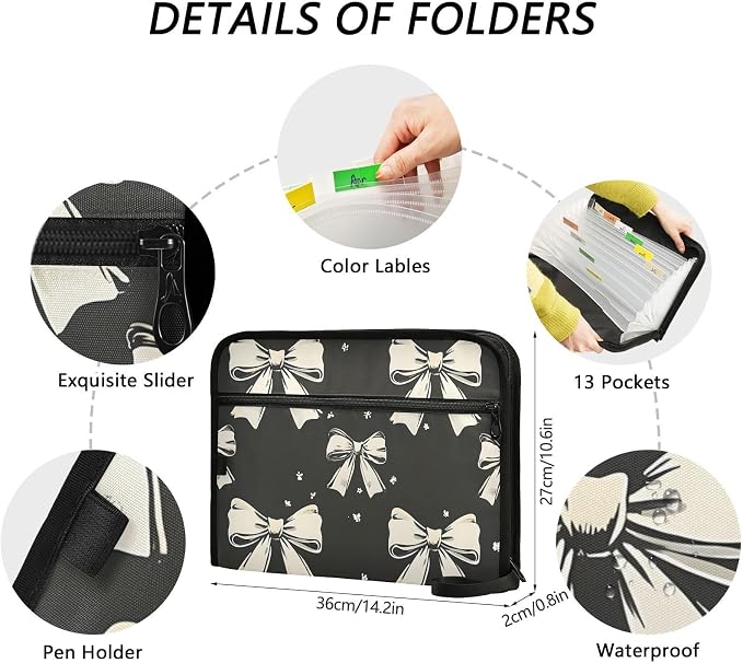 Expanding File Folder Black White Bow Accordion File Organizer 13 Pockets Document Organizer with Zipper Labels A4 Letter Office Storage