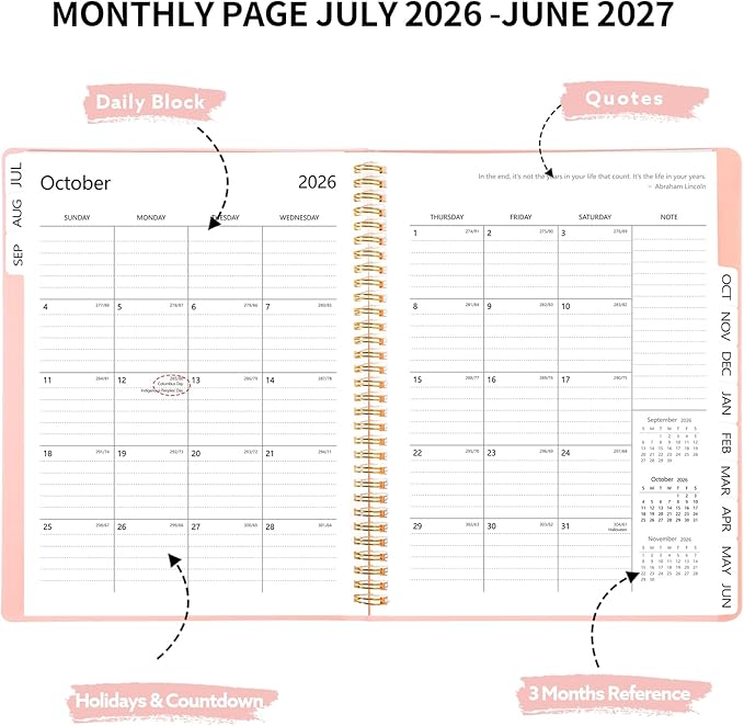 2026-2027 Planner, Weekly and Monthly Planner, July 2026-June 2027, Calendar Planner A4 (8.5" x 11") with Tabs, Inner Pocket for Home School Office Supplies, Pink