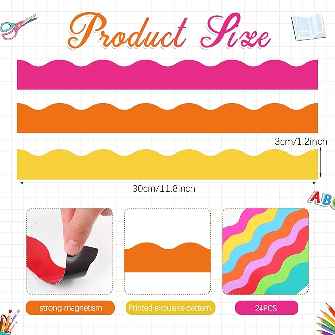 Qeeenar 24 Pcs Magnetic Borders for Classroom Bulletin Board Borders Magnetic Whiteboard Classroom Strips for Office Chalkboard Decoration(Summer Color)