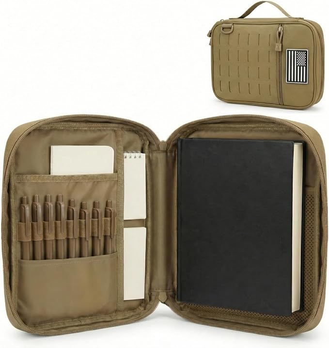 Tactical Bible Cover for Men, Large Bible Case with Shoulder Strap & US Flag Patch, Water Resistant Bible Carrier Bag with Handle, Multi Pockets for Church Study & Travel（Brown）