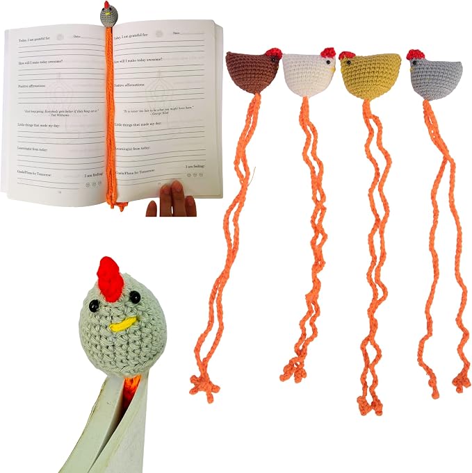 Handmade Chicken Bookmark Set of 4pcs Cute Crochet Gift for Book Lovers, Teacher Appreciation Present, Reading Accessory for Women, Teacher Gifts, Unique Farm Animal Lovers Idea, Mothers Day