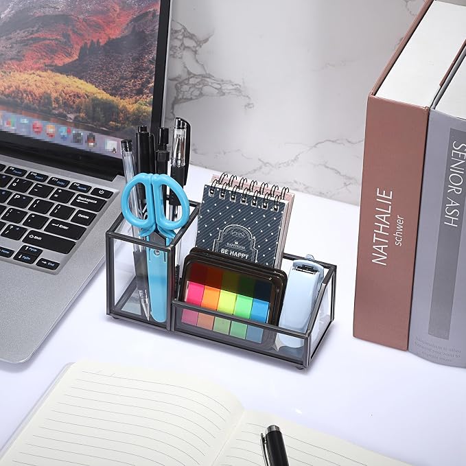 Hipiwe Glass Business Card Holder Metal Pen Pencil Storage Holder for Desk Clear Business Card Display Organizer Case for Office Home,2 Slots,Black