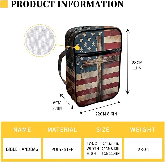 Suobstales American Flag Cross Print Bible Covers for Women Men Bible Case Bible Bag Bible Accessories with Handle and Zippered Pocket Bible Tote Bag for Women Men