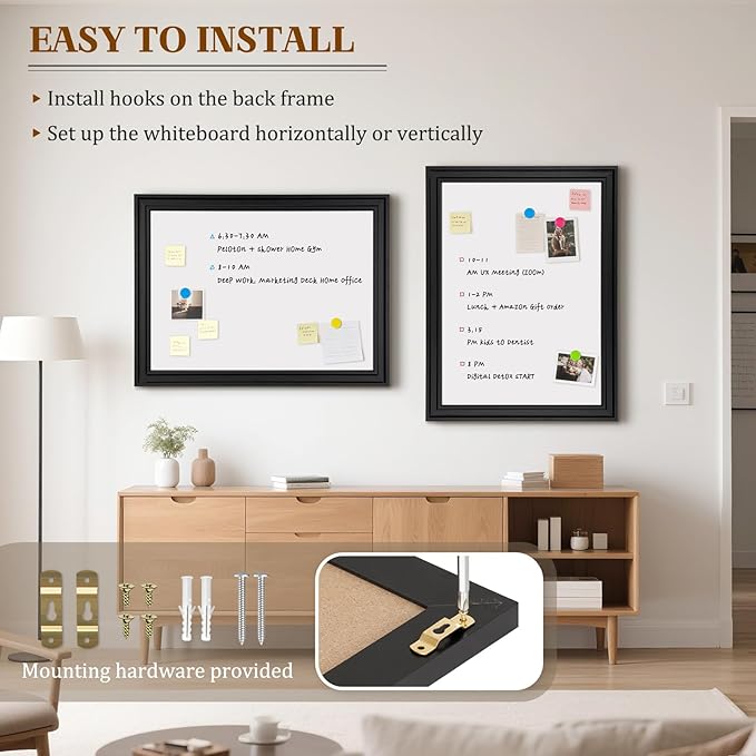 White Board for Wall, 24''x18'' Magnetic Dry Erase Board, Decorative Whiteboard with Black Wooden Frame, Hanging Writing Board for Home Office School Dorm