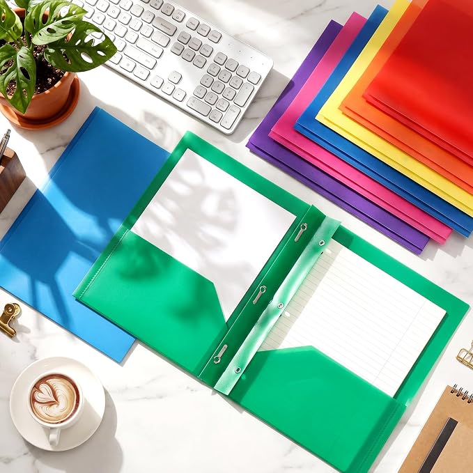 Cholemy 132 Packs Pocket Folders with Prongs Heavy Duty Plastic Folder with Business Card Slot 3 Prong Fasteners for School Office (Cute)