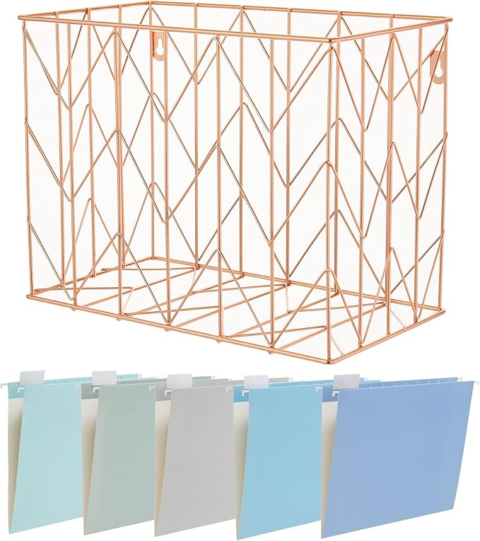 Hanging File Folder Kit Includes 1 Rose Gold Hanging File Desk Organizer and 20 Pack Hanging File Folders Letter Size with 1/5 Cut Tabs Design for School Office Home Supplies, Blue Design