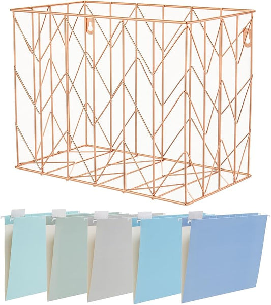 Hanging File Folder Kit Includes 1 Rose Gold Hanging File Desk Organizer and 20 Pack Hanging File Folders Letter Size with 1/5 Cut Tabs Design for School Office Home Supplies, Blue Design