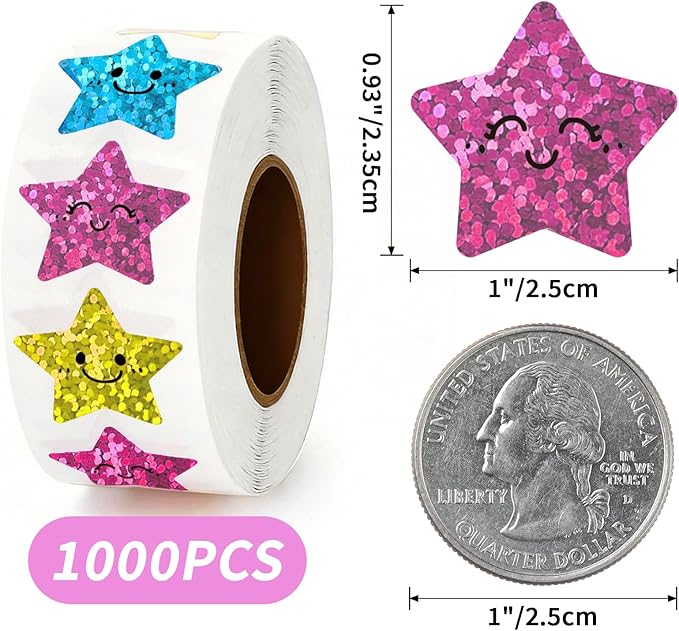 1000Pcs Smiley Face Star Stickers - 1 Inch Glitter Sparkly Reward Stickers, 8 Colors Self-Adhesive Foil Decals for Kids, Teacher Classroom Supplies, Planners, Scrapbooking & DIY Crafts
