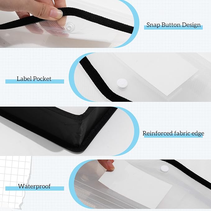 AmazingSpark 2 Pcs 11 x 17 Inch Expandable Tabloid Size Document Folder Organizers with Snap Closure & Label, Clear Plastic Expanding File Folder for A3 Ledger Size Plots Charts (Black)