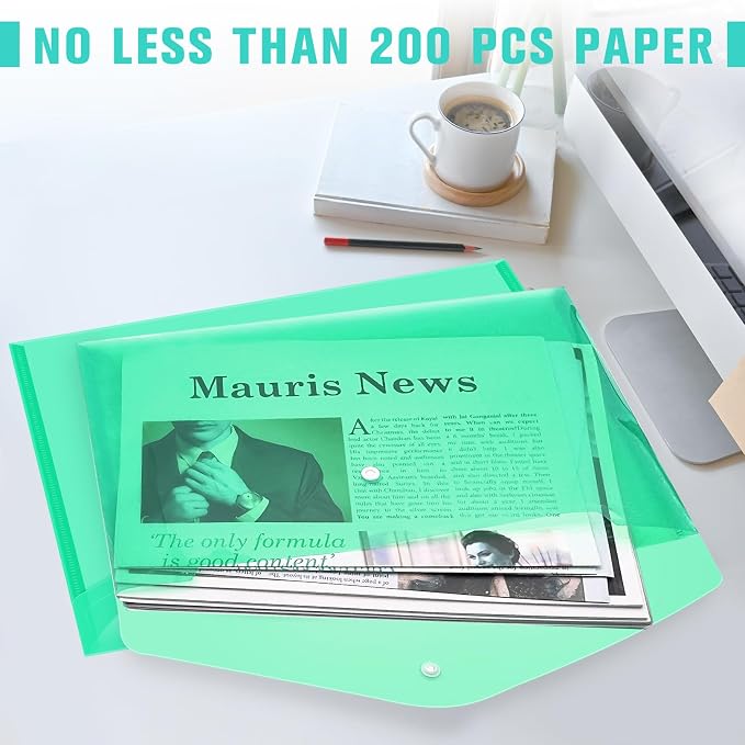 24 pcs Plastic Filing Envelopes with Snap Button Closure ，Clear Document Folders for Letter A4 Size Files ，Poly Folders，for School and Office Supplies（Green）