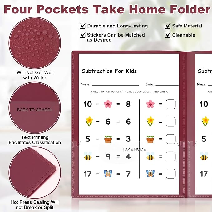 Henoyso 24 Pcs Take Home Folder Heavy Duty 2 Clear Front Pockets and 2 Inside Pockets Homework Folders for School Students Parent Teacher Classroom Communication (Burgundy)