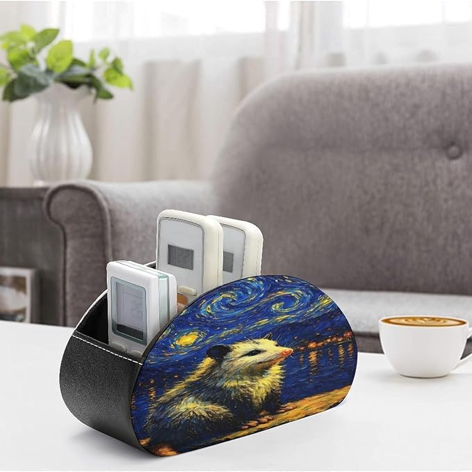 Opossum Starry Night Remote Control Holder with 5 Compartment PU Leather Multi Functional Desk Storage for TV Remotes Office Supplies