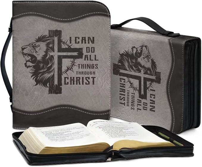 Vintage Cross and Lion Bible Case with Bookmark Waterproof Bible Cover Case for Women Lightweight Bible Bag with Handle Pockets Church Book Bag Grey