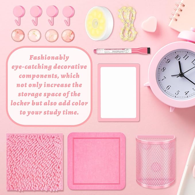 Demonwer Pink Locker Accessories Kit Magnetic Whiteboard Pen Holder Sticky Note Small Carpet Hook for Back to School Essentials Locker Decorations