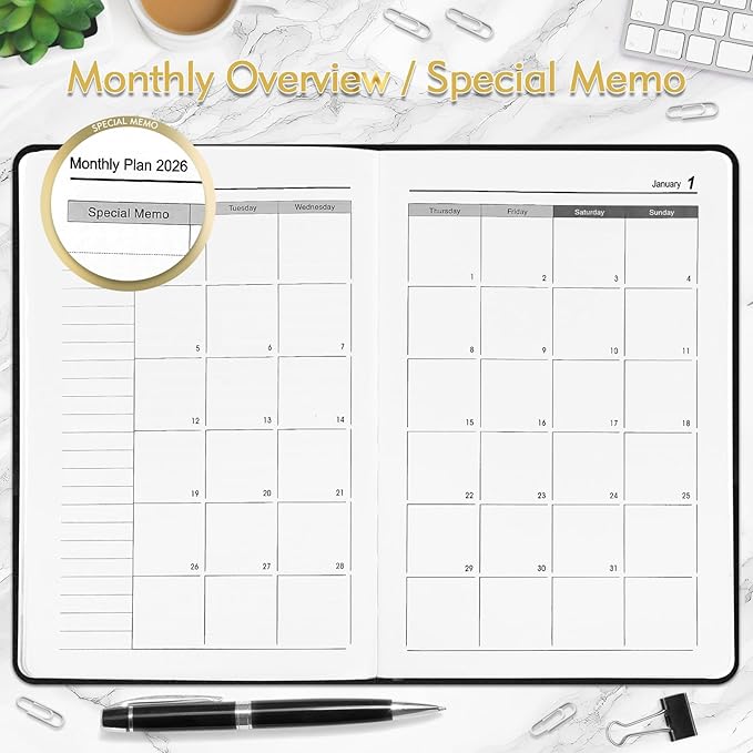 KESOTE 2026 Daily Hourly Planner - One Page a Day, 2026 Diary 5.7 x 8.3" Hardcover Monthly Agenda 12 Month A5 College Notebook Planner, Black