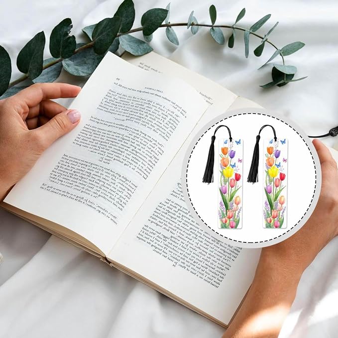 Tulips Flower 5 Pcs Bookmarks Bouquet Art Watercolor Butterflies Wooden Bookmarks with Tassel for Students Reader Teachers Book Lovers
