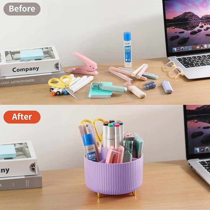 Desk Pencil Pen Holder, 5 Slots 360°Degree Rotating Pen Organizers for Desk, Desktop Storage Stationery Supplies Organizer, Cute Pencil Cup Pot for Office, School, Home, Art Supply, Purple