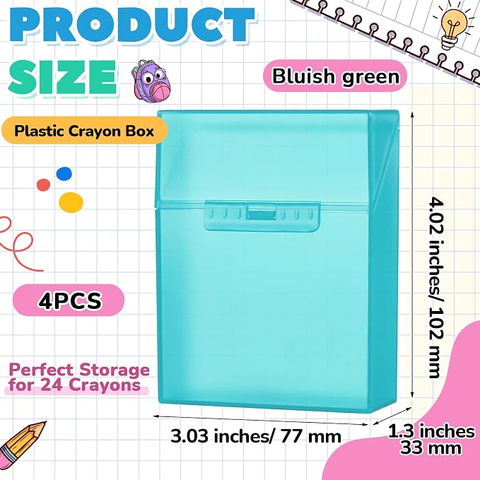 Clabby 4 Pcs Plastic Crayon Organizer Case for 24 Count Crayons Kids Art Supply Storage Box with Lid, Portable Holder for Classroom Home Travel, Fits Standard 24-Pack Crayon (Teal)