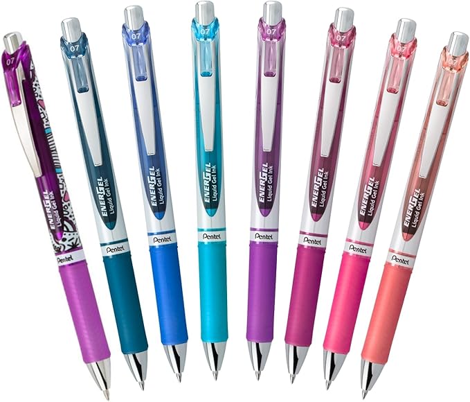Pentel EnerGel RTX Retractable Liquid Gel Pen, Creator Expressions Pack, 0.7mm, Metal Tip, Medium Line, Assorted Ink, Pack of 8 Pens (BL77XRIGBP8M)