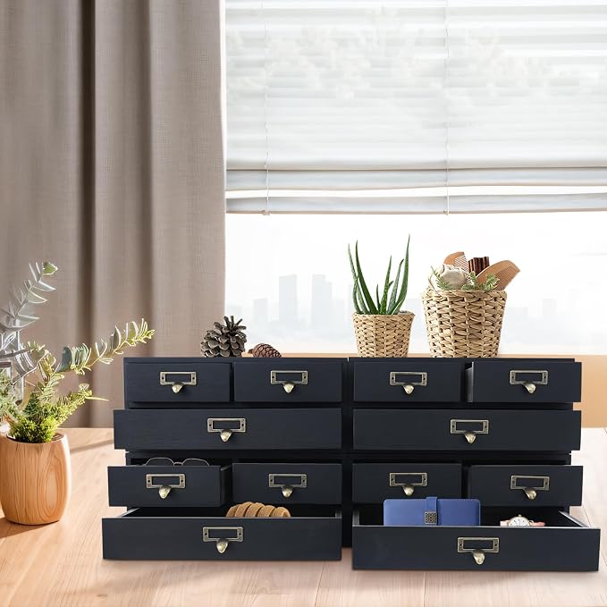 4 Pcs Vintage Wood Desktop Organizer, 4x3 Drawer Apothecary Cabinet with Metal Handles, Stackable Storage for Office Home School, Makeup Jewelry Tea Stationery Herbs