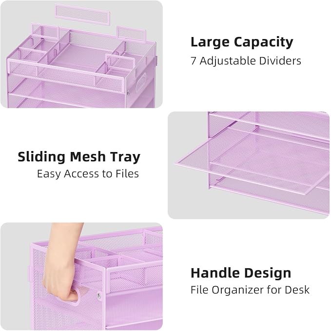 Marbrasse 5 Tier Mesh Desk File Organizer, Purple | Letter Tray, With Handle, Paper Sorter, Adjustable