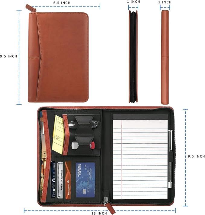 Small Portfolio Organizer, A5 Zippered Business Portfolio, Junior Padfolio Folder Binder for Women & Men,5 x 8 Writing Pad Included, Brown