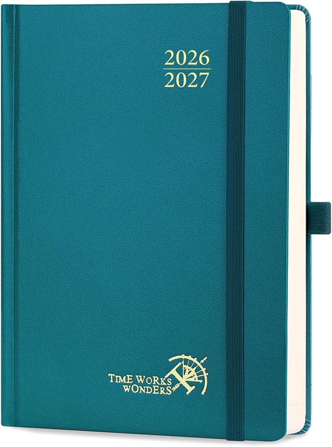 POPRUN 2026-2027 Daily Planner One Page Per Day (Medium - 5.75" x 8.5") - Academic Calendar Book(July 2026 - June 2027), 2026 Day Appointment Book with Pen Holder, Hardcover - Pacific Green
