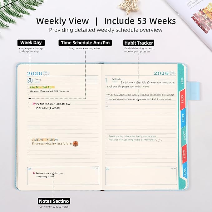 2026 Year Planner with Magnetic Buckle Hardcover Weekly and Monthly Calendar Planner 5.5" x 8.3" Soft Leather Bound Cute Planner Goal Habit Tracker Organizer Planning Book with Tabs ,Daily Schedule School Office Schedule for Women Men（Brown)