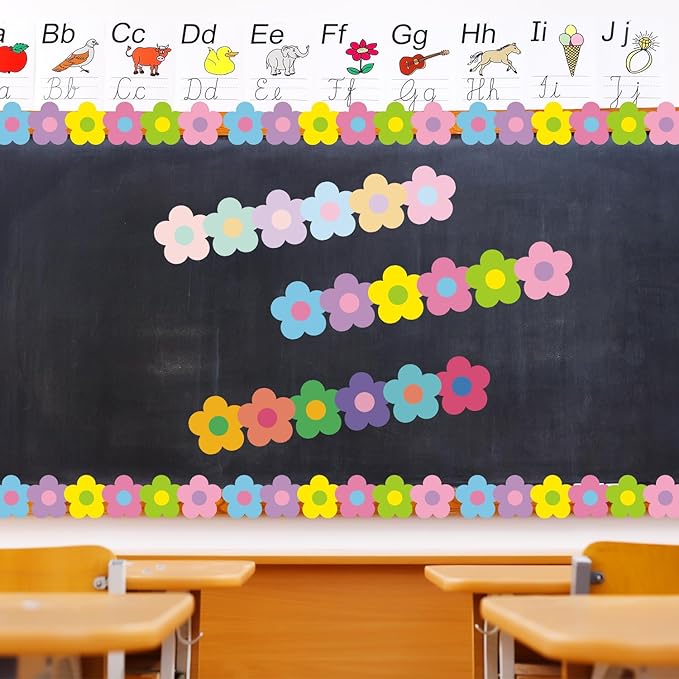 75Ft Spring Flower Bulletin Board Borders, Boho Pastel Bulletin Board Classroom Decorations Colorful Floral Spring Summer Decorations for School Home Office Chalkboard Wall Door Decor Party Supplies
