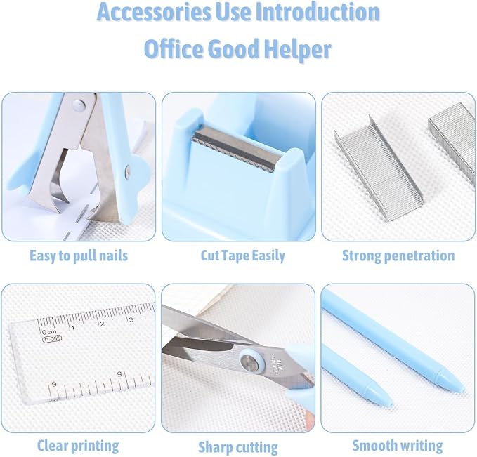Gawsey Blue Desk Organizers and Accessories with Desk Organizer 360° Rotating Pen Holder and Office Supplies, Cute Stationery Supplies Set
