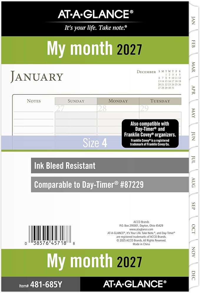 AT-A-GLANCE 2027 Planner Refill, Monthly, 5.5" x 8.5", Desk Size 4, Tabbed, 7-Ring Loose-Leaf (481-685Y-27)
