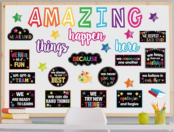 JarThenaAMCS Motivational Bulletin Board Decoration Amazing Things Happen Here Paper Cutouts with 100Pcs Glue Points Bulletin Border Stickers for Classroom Office School Home Decor, 41Pcs