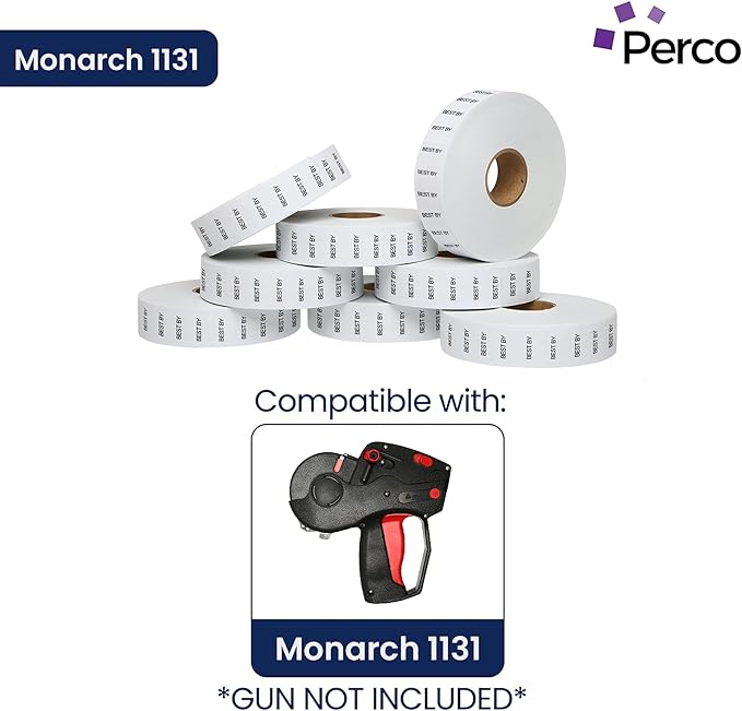Perco Best BY Labels for Monarch 1131 Price Gun - Buy 2 Sleeves Get 1 Free! 24 Rolls, 60,000 Labels