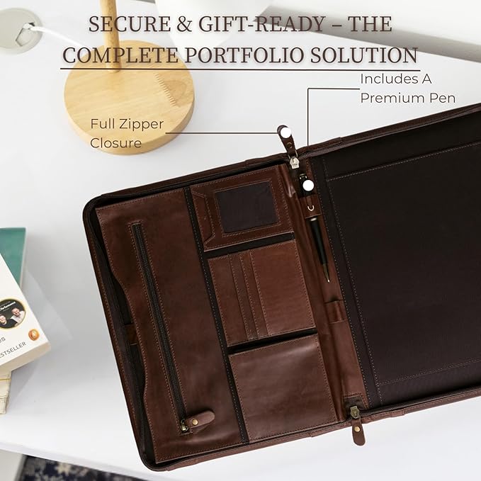Leather Padfolio with Zipper – Business Portfolio for Men and Women, Legal Pad Portfolio, Leather Folder, Professional Padfolio for Meetings and Interviews