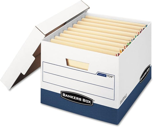 Bankers Box 12 Pack STOR/File End Tab Heavy-Duty File Storage Boxes, FastFold, Lift-Off Lid, White/Blue