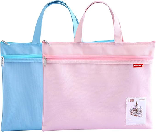 Pendancy Mesh Zipper Pouch 11x13.7 in, 2 pcs Large Double Pocket Waterproof File Bag with Handle, A4 Size Foldable Document Storage for Puzzle Project/Cross Stitch/Travel/Office（Blue Pink）