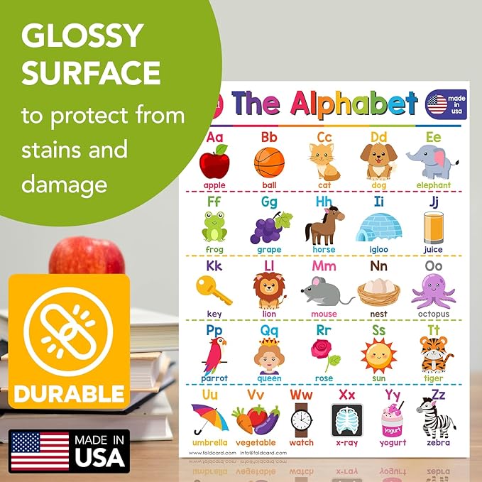 Alphabet Chart for Preschool to Grade 1 Kids – Bright and Colorful Educational Visual/Learning Aid Poster Decoration for Classroom or Home | Glossy Durable Cardstock | 8.5" x 11" | 5 per Pack