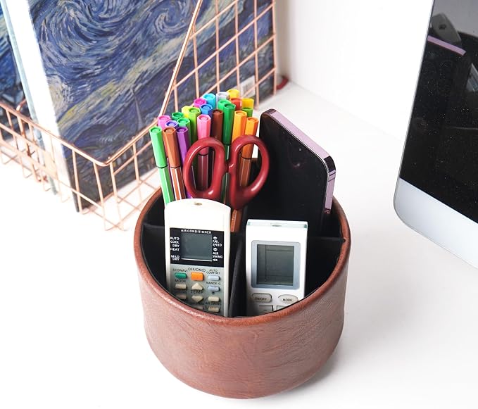 Round Leather Art Supply Organizer,Remote Control Holder,360 Degree Spinning,Multi-Functional Pencil Holder,4 Compartments Desktop Stationary Organizer(1-Crazy Red)