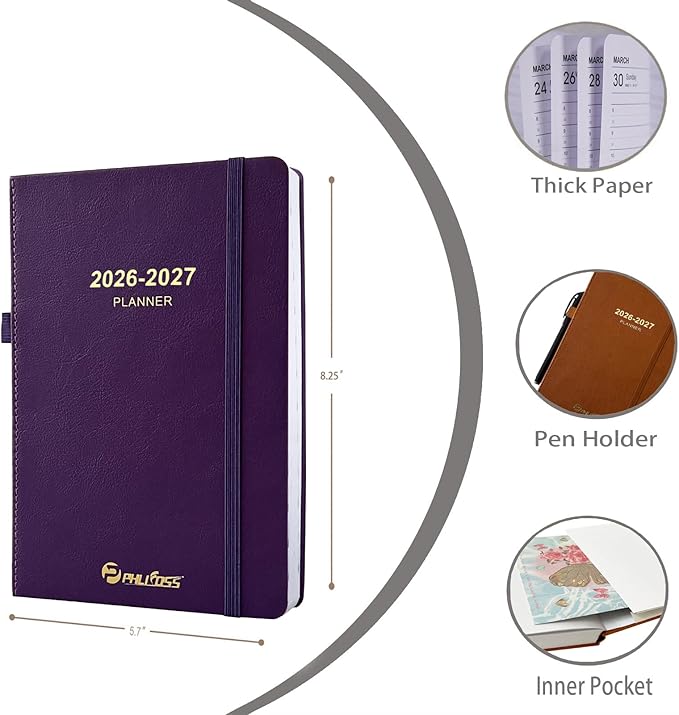Daily Planner 2026-2027, One Page Per Day, Academic Calendar (July 2026 - June 2027), Appointment Book with Time Slots and Monthly Tabs, 5.7" x 8.25", Pocket, Leather Cove (Purple)