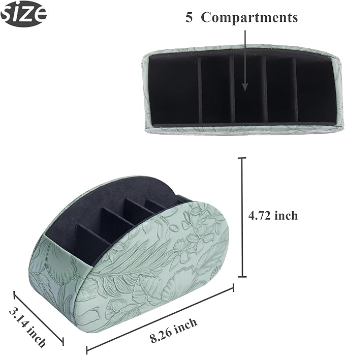 Remote Control Holder, PU Leather Remote Caddy Desktop Organizer with 5 Spacious Compartments for TV Remotes/Media Controllers/Office Supplies (1-Carved Green